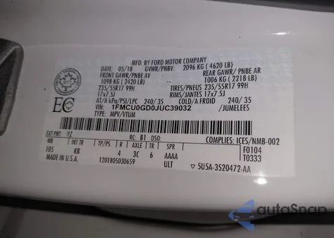 2018 Ford Escape Se z USA, uszkodzony, nr VIN 1FMCU0GD0JUC39032